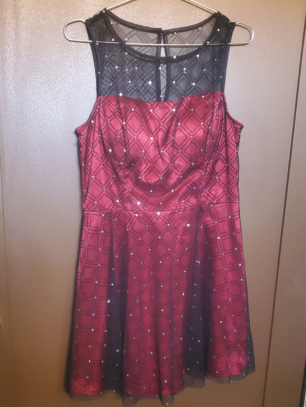 Jessica Howard Red Satin Dress with Black Mesh Overlay